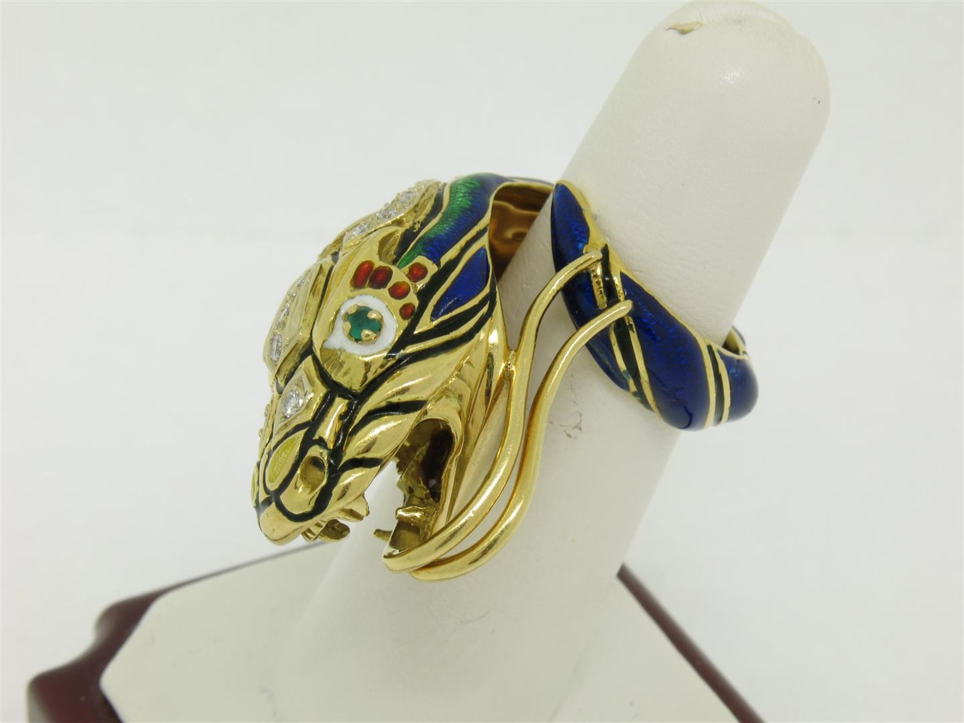 Vintage 18K Gold Multi Color Enamel Diamond & Emerald Large Snake Head Wrap Ring - Image 2 of 9