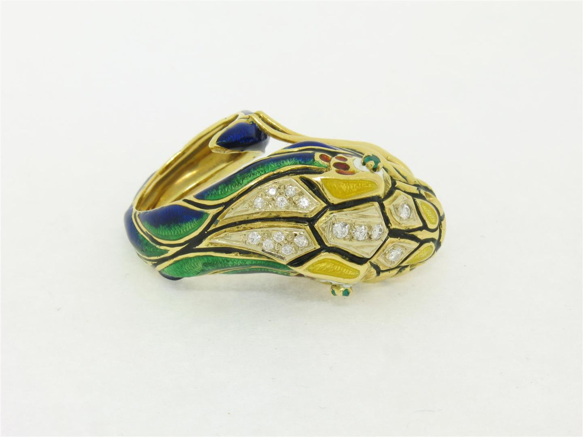 Vintage 18K Gold Multi Color Enamel Diamond & Emerald Large Snake Head Wrap Ring - Image 7 of 9