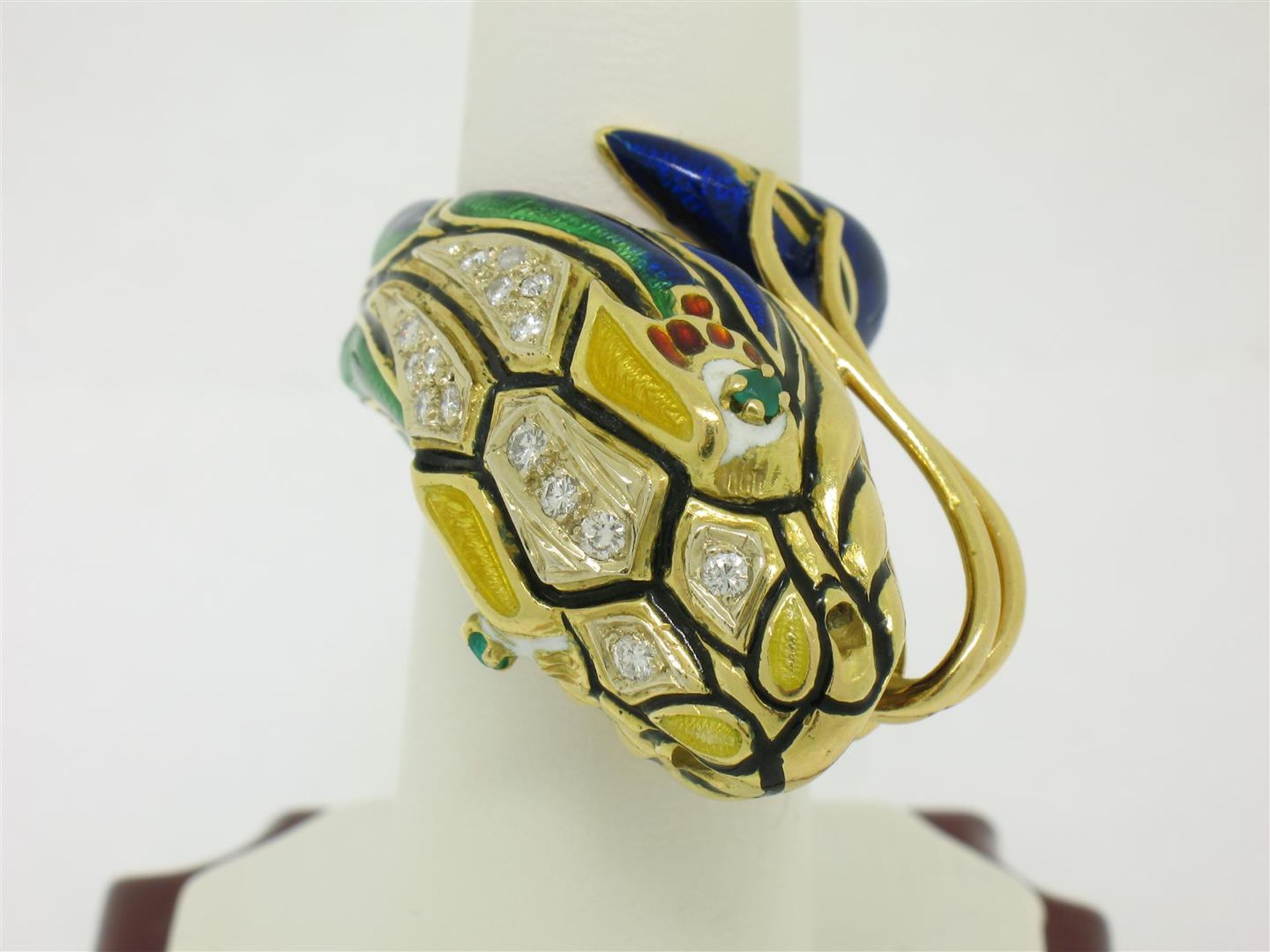 Vintage 18K Gold Multi Color Enamel Diamond & Emerald Large Snake Head Wrap Ring