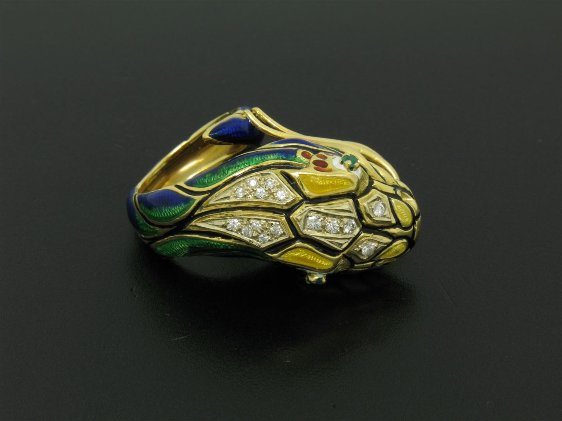 Vintage 18K Gold Multi Color Enamel Diamond & Emerald Large Snake Head Wrap Ring - Image 9 of 9