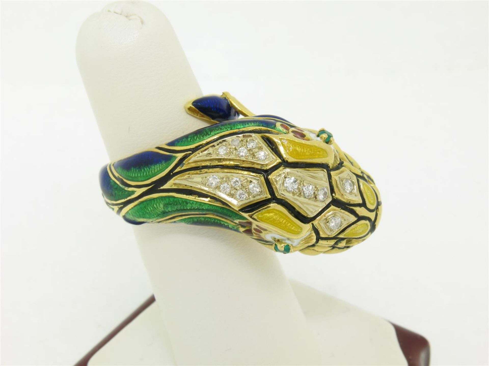 Vintage 18K Gold Multi Color Enamel Diamond & Emerald Large Snake Head Wrap Ring - Image 3 of 9