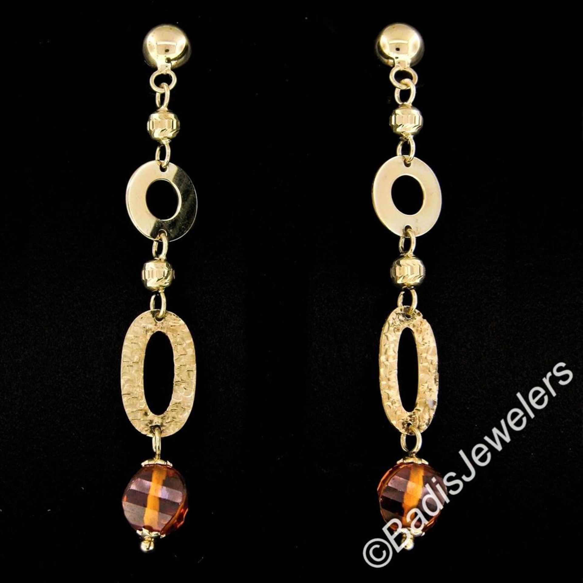 14kt Yellow Gold Polished and Textured Link Briolette Bead Citrine Dangle Earrin - Image 2 of 6