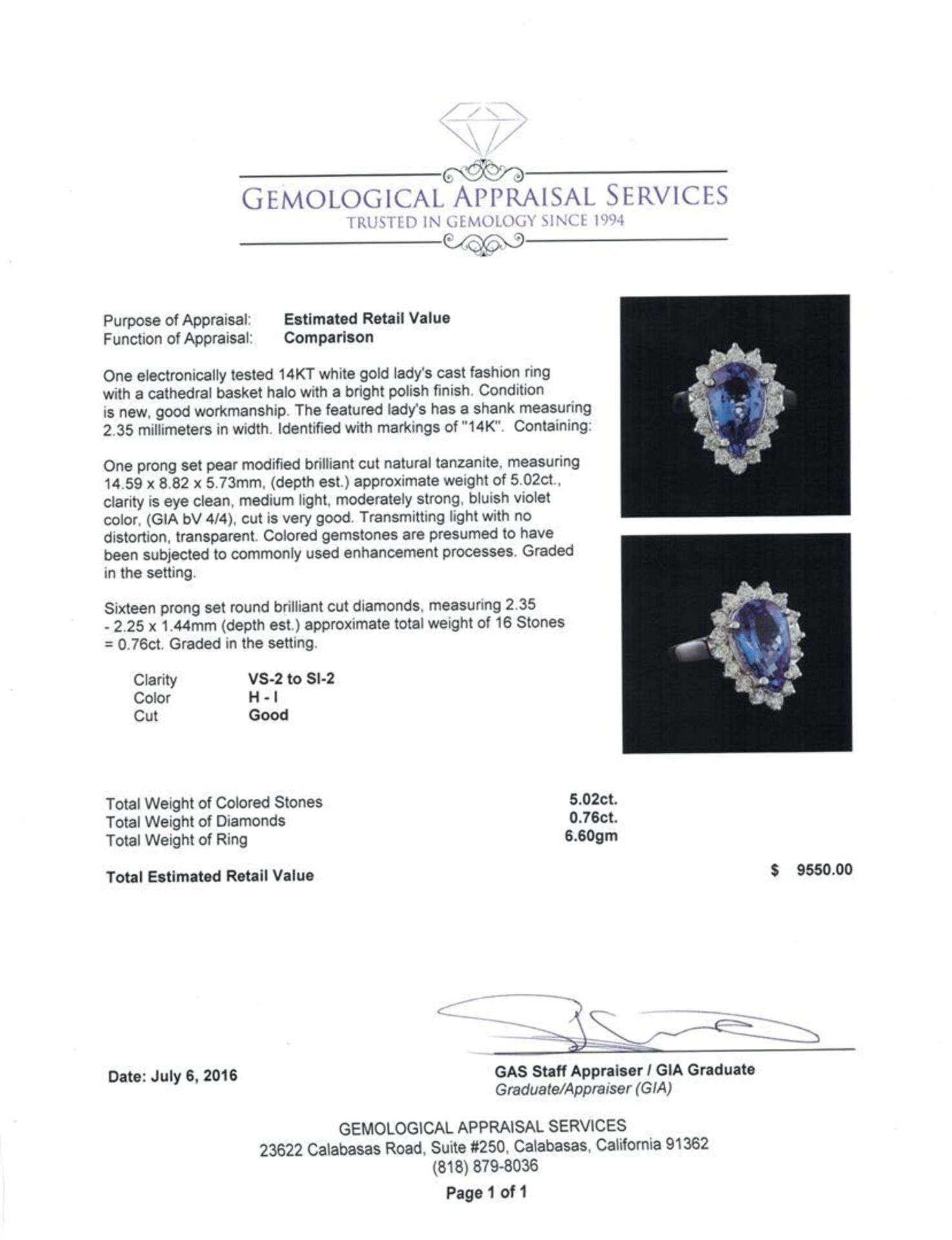 5.02 ctw Tanzanite and Diamond Ring - 14KT White Gold - Image 5 of 5