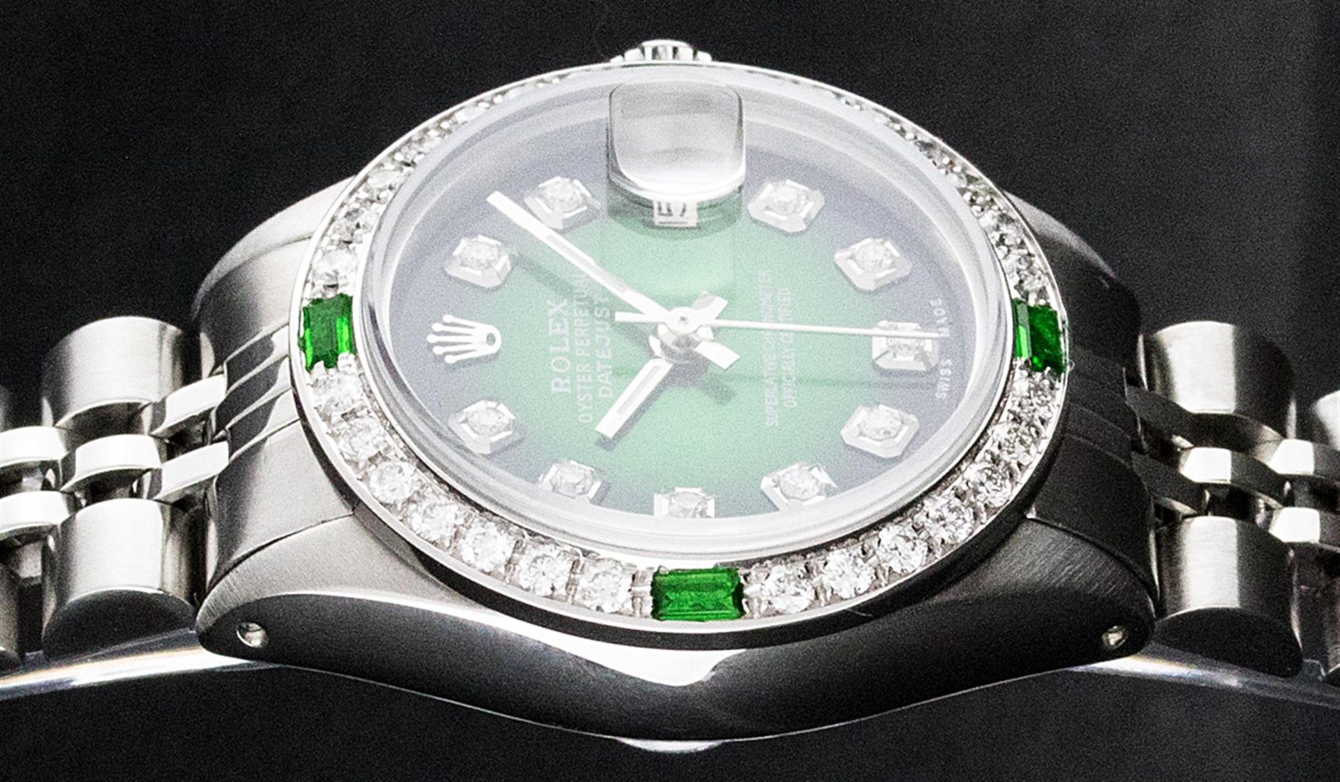 Rolex Ladies Stainless Steel 26MM Green Vignette Diamond Oyster Perpetual Dateju - Image 2 of 9