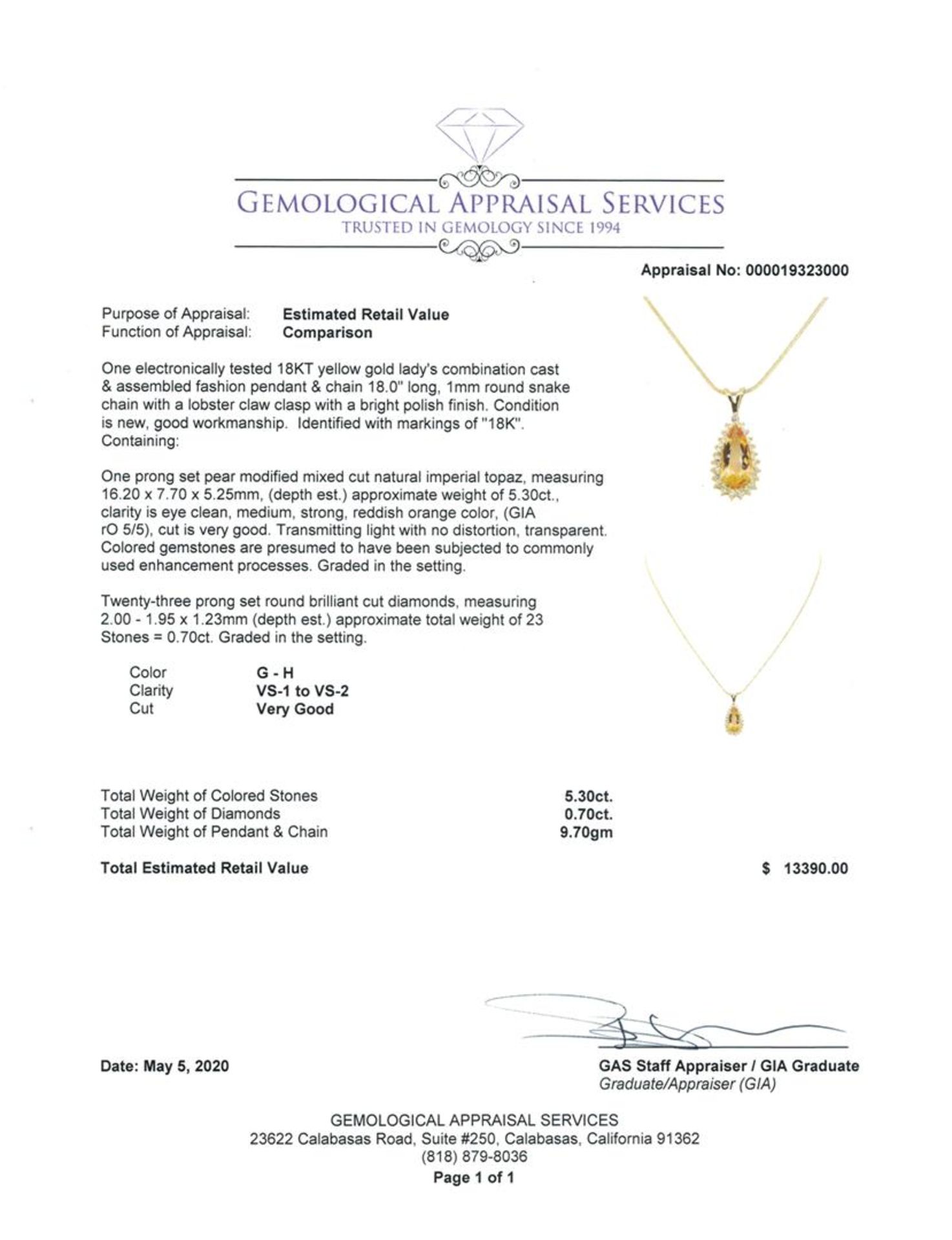 6.00 ctw Imperial Topaz And Diamond Pendant & Chain - 18KT Yellow Gold - Image 3 of 3