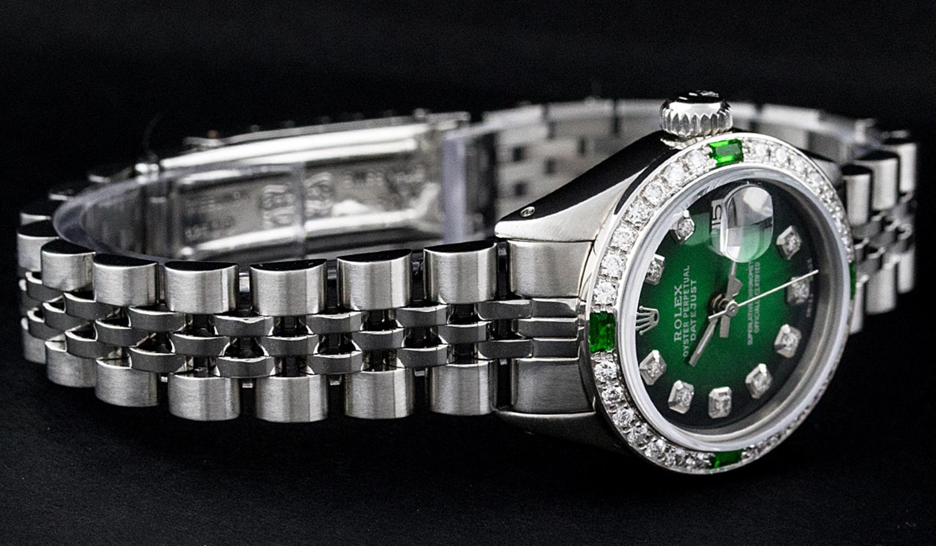 Rolex Ladies Stainless Steel 26MM Green Vignette Diamond Oyster Perpetual Dateju - Image 4 of 9