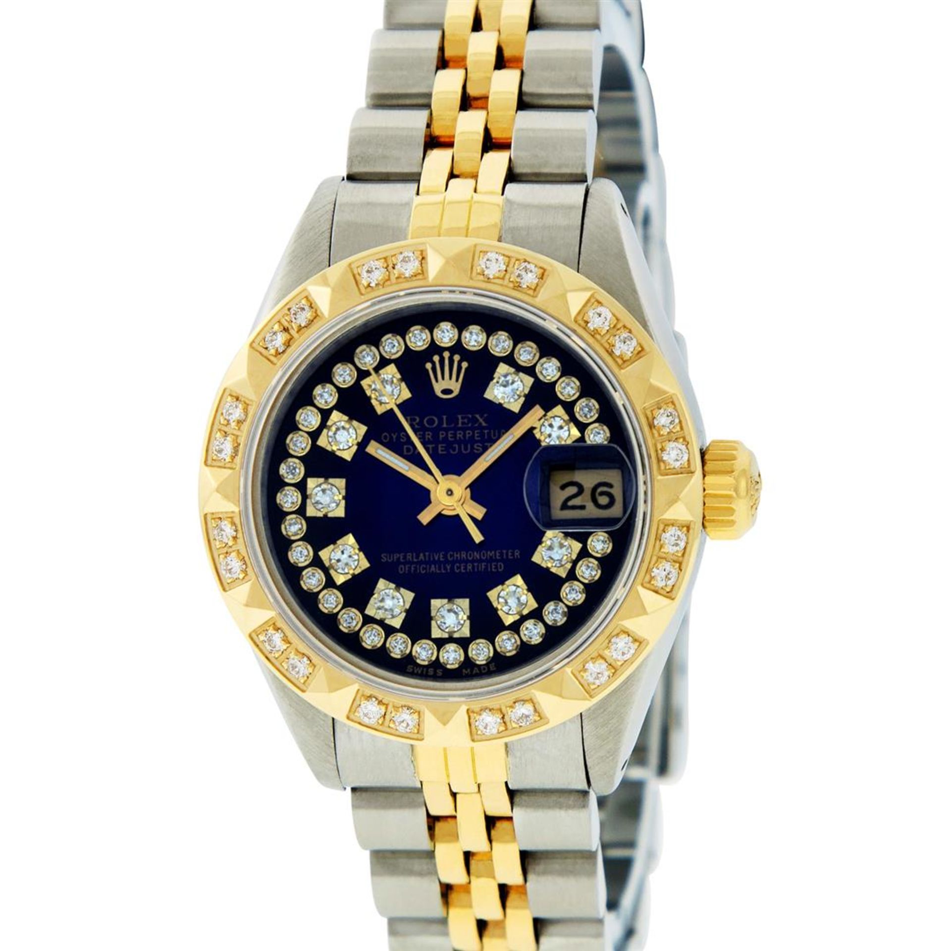 Rolex Ladies 2T YG/SS Blue Vignette String Pyramid Diamond Oyster Perpetual Date - Image 2 of 8