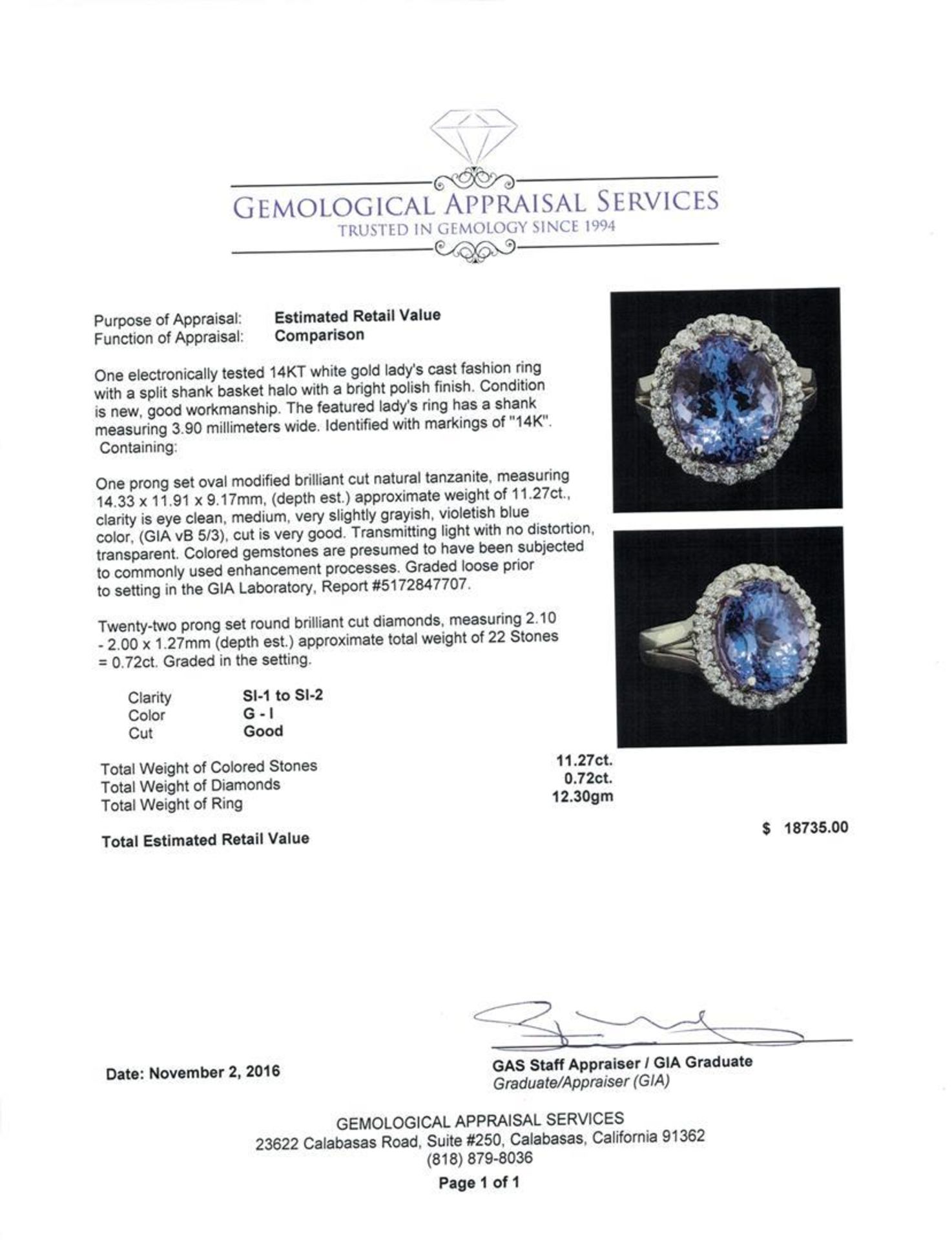 GIA Cert 11.27 ctw Tanzanite and Diamond Ring - 14KT White Gold - Image 5 of 6