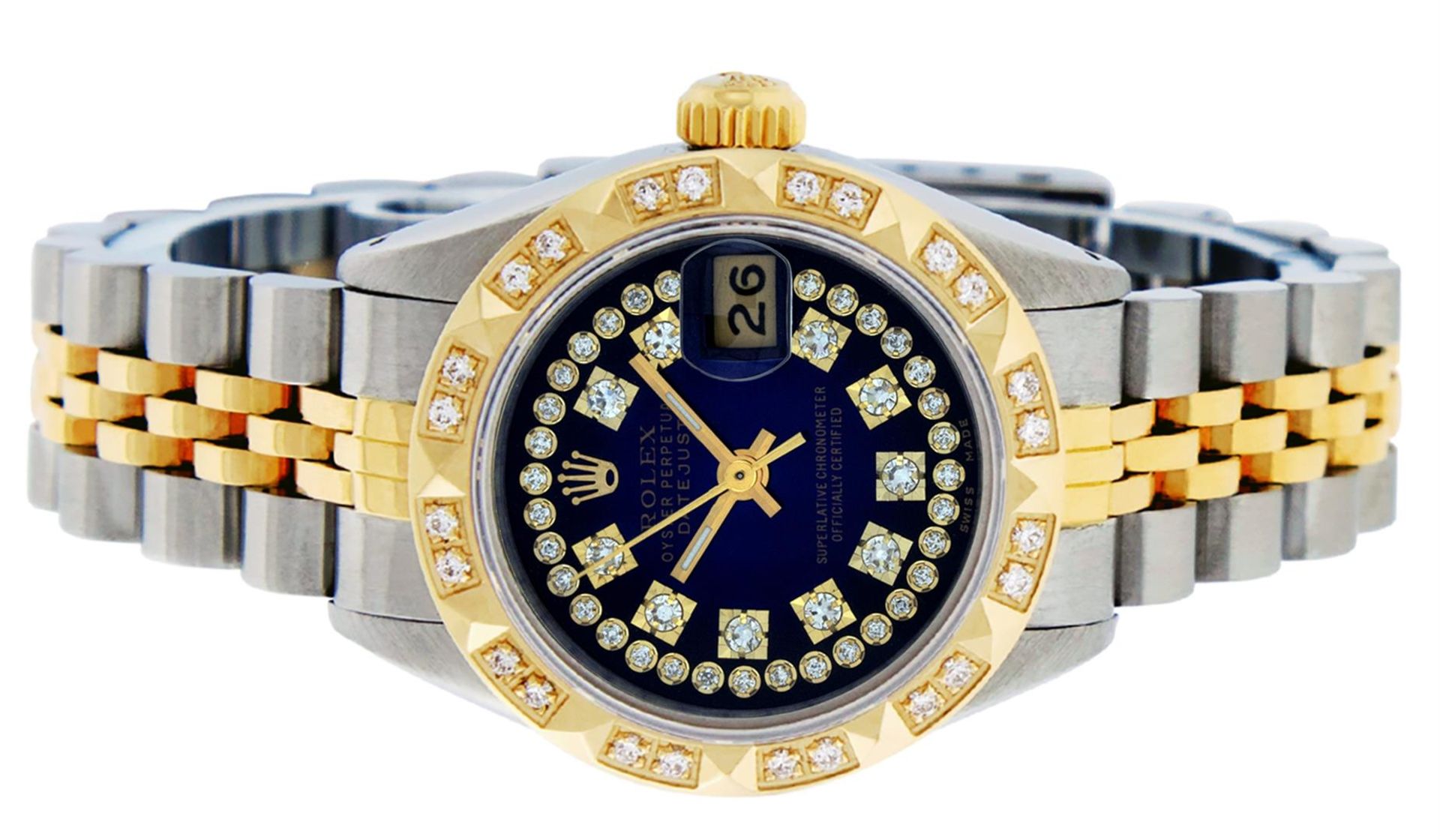 Rolex Ladies 2T YG/SS Blue Vignette String Pyramid Diamond Oyster Perpetual Date - Image 8 of 8