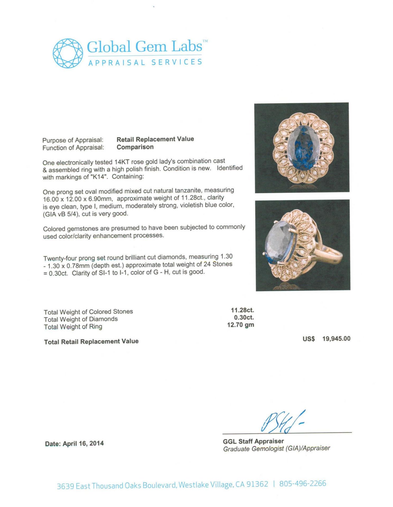 14KT Rose Gold 11.28 ctw Tanzanite and Diamond Ring - Image 3 of 3