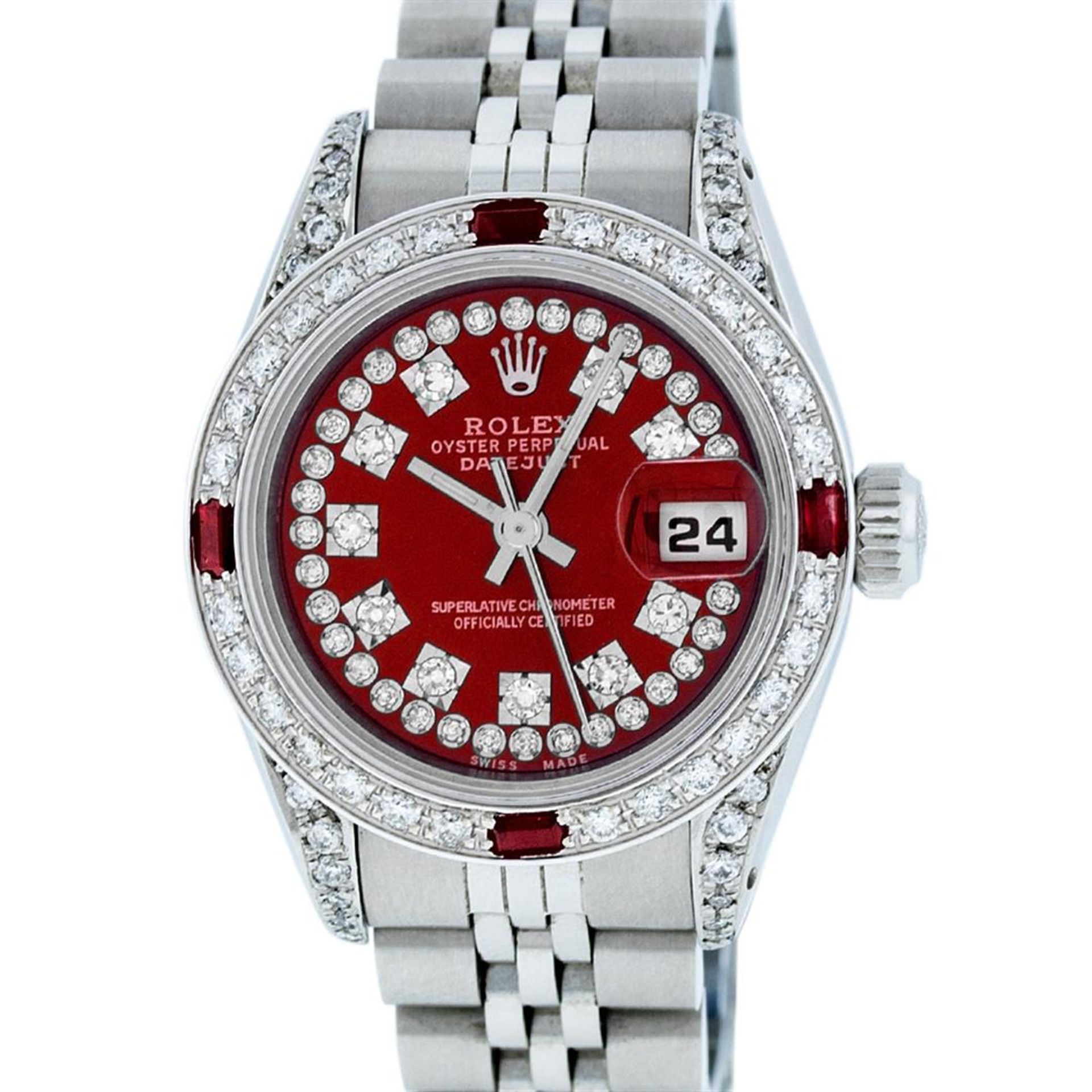 Rolex Ladies Stainless Steel 26MM Red Diamond Lugs 26MM Datejust Wristwatch