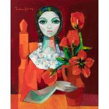 MATÍAS PALAU FERRER (Montblanch, 1921-2000). "Woman with flowers". Oil on canvas. Signed in the