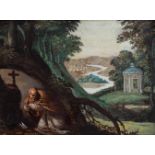 Flemish school of the XVII century. "Saint Anthony Abbot praying". Oil on copper. Frame of the