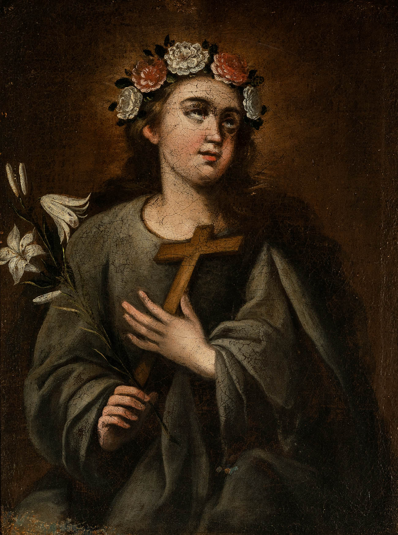 Sevillian school, late seventeenth century. "Saint Rosalia". Oil on canvas. Size: 70 x 52 cm; 83 x