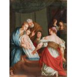 Spanish school; late 18th century. "Birth of Saint John", Gouache on paper adhered to canvas. It