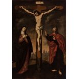 Spanish school; XVII century. "Crucifixion". Oil on canvas. Relined. Presents repainting,