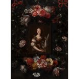 MICHEL DE BOUILLON (Belgium, act. 1638 - 1673). "Saint Cecilia in a border of flowers". Oil on oak