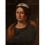 Roman school; second half of the 17th century. "Libyan Sibyl". Oil on canvas, Relined. Presents an