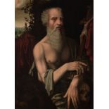 Flemish school; XVI century. "Saint Jerome". Oil on panel. Requires cleaning and has restoration