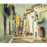 JOAQUIN MIR TRINXET (Barcelona, 1873 - 1940). "Street with figures". Oil on canvas. Signed in the