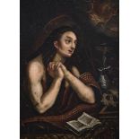 Flemish school; XVII century. "Penitent Magdalene". Oil on copper. It presents faults in the