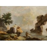 French school of the last third of the 18th century. "Coastal landscape with figures". Oil on