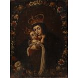 Spanish School, XVIII century. "Virgin with Child and floral garland". Oil on burlap.