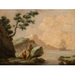 French school of the last third of the 18th century. "Coastal landscape with figures". Oil on