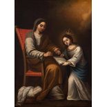 MURILLO School of the seventeenth century. "Education of the Virgin". Oil on canvas. Relined.