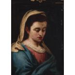 Andalusian school, ca. 1700. "Bust of the Virgin. Oil on panel. Presents faults and repainting. With