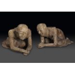 Couple of Buddhist monks. Burma, XVII-XVIII centuries. Carved wood. With traces of polychrome and