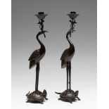 Candlesticks in the form of cranes on turtles. Japan, early 20th century. Bronze. Measurements: 31