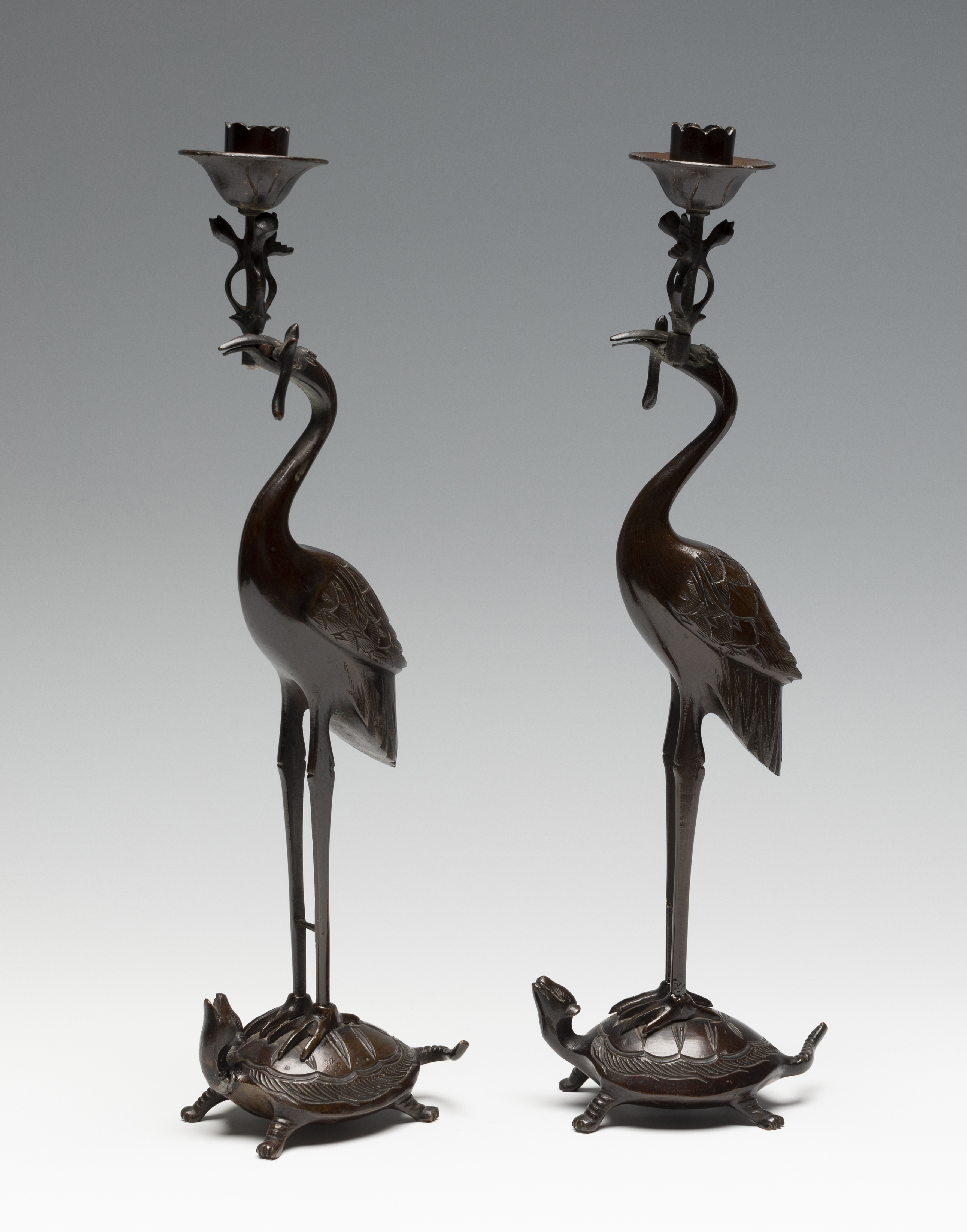 Candlesticks in the form of cranes on turtles. Japan, early 20th century. Bronze. Measurements: 31 - Image 2 of 2