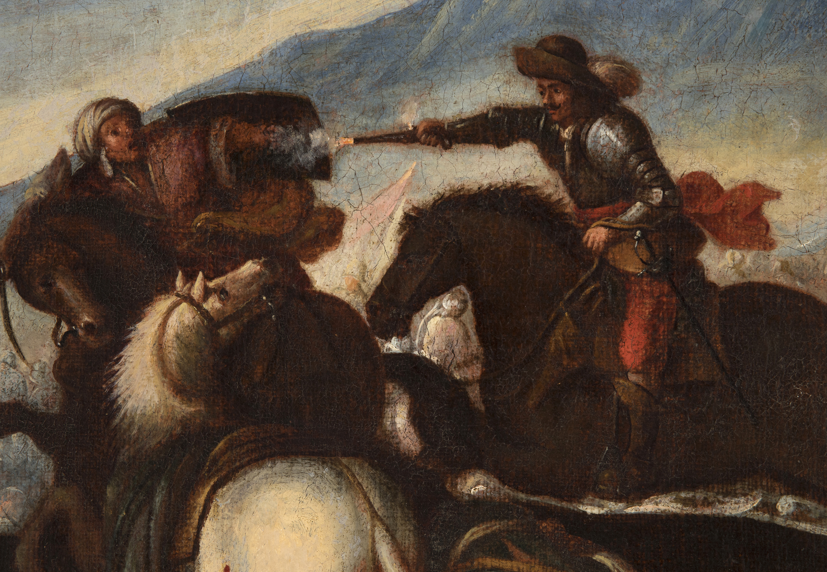 Circle of JUAN BAUTISTA DE TOLEDO (Lorca?, 1618-Madrid, 1665). "Battle scene". Oil on canvas. - Image 4 of 7