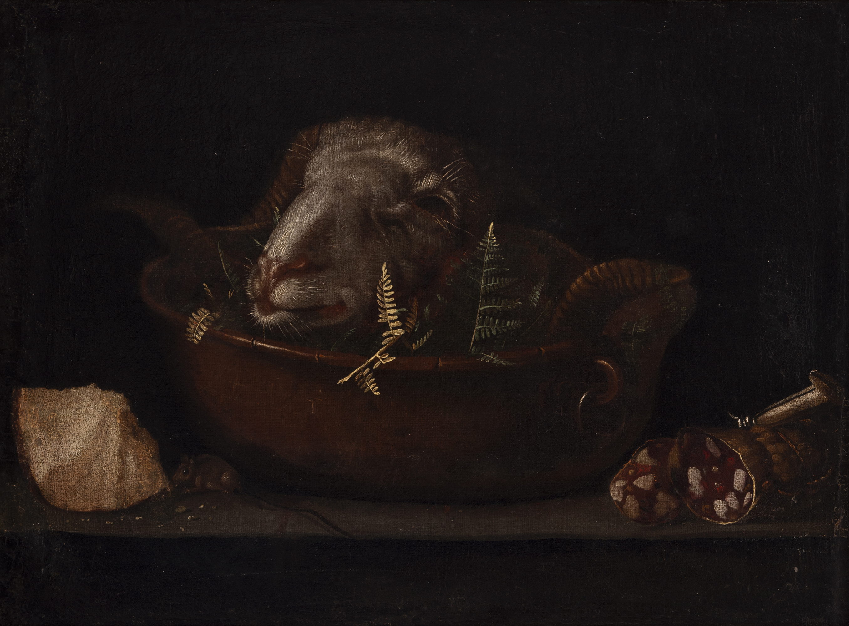 Italian school; XVII century. "Still life with ram's head". Oil on canvas. Relined. It presents