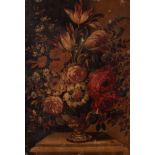 Spanish School, Followed by BARTOLOMÉ PÉREZ; XVII century. "Still life with flowers". Oil on