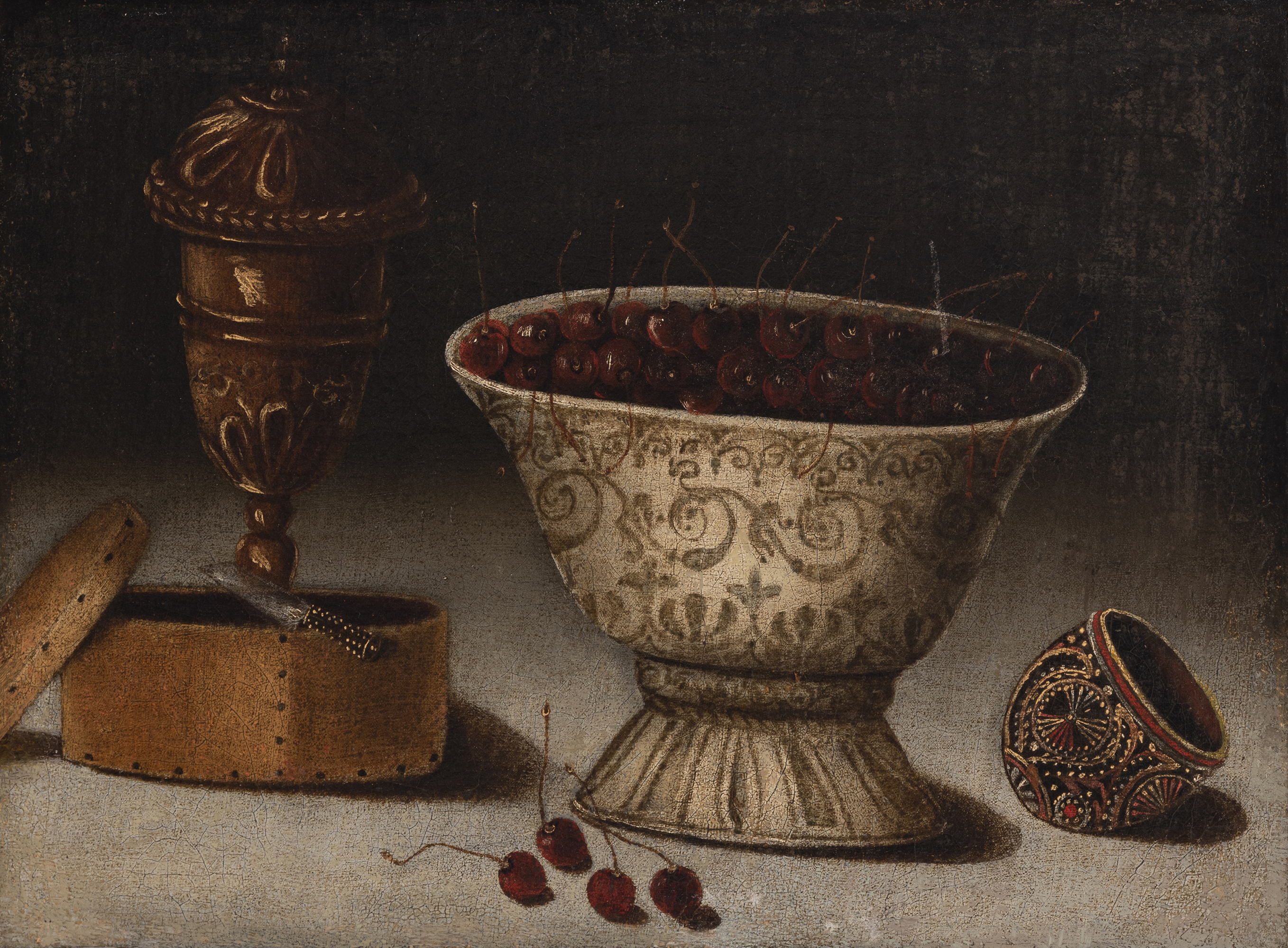 Circle of BLAS DE LEDESMA (Documented in Granada between 1602 and 1614) "Still life of cherries".