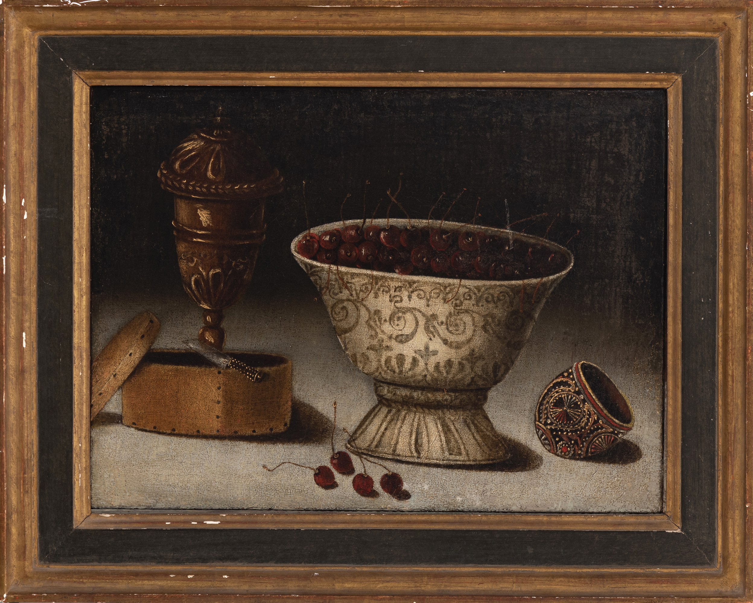 Circle of BLAS DE LEDESMA (Documented in Granada between 1602 and 1614) "Still life of cherries". - Image 2 of 5