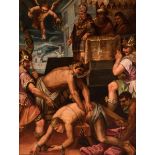 Spanish mannerist school; early 17th century. "Martyrdom of St. Zoilo of Cordoba". Oil on canvas.