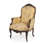 Louis XV style bergère armchair from the second half of the 19th century. Rosewood decorated with