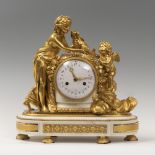 Louis XVI table clock. France, ca. 1770. Mercury gilt bronze and marble. Hand painted enamel dial.