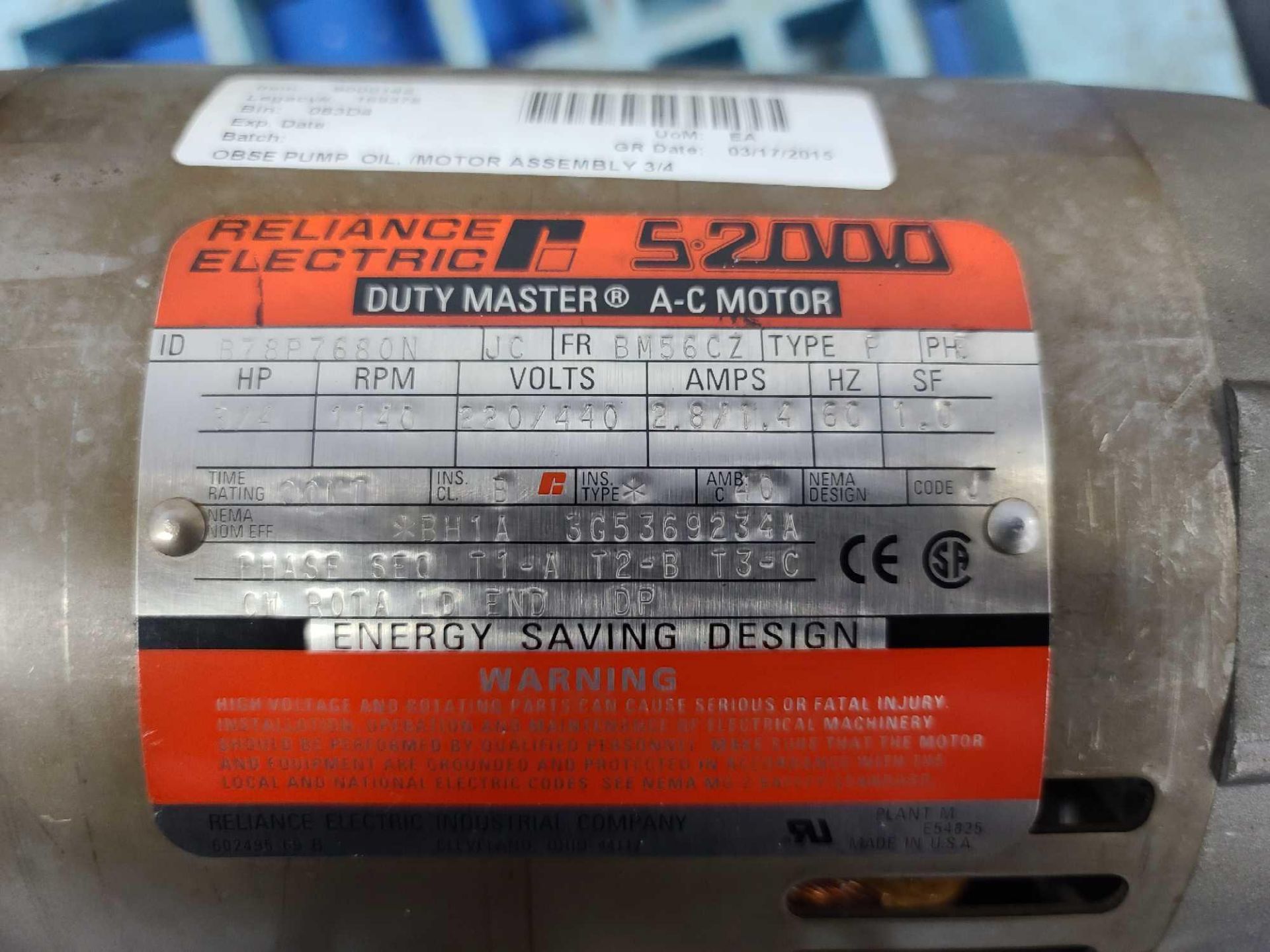 Reliance Electric S-2000 Duty Master 3/4HP AC Motor - Image 5 of 5