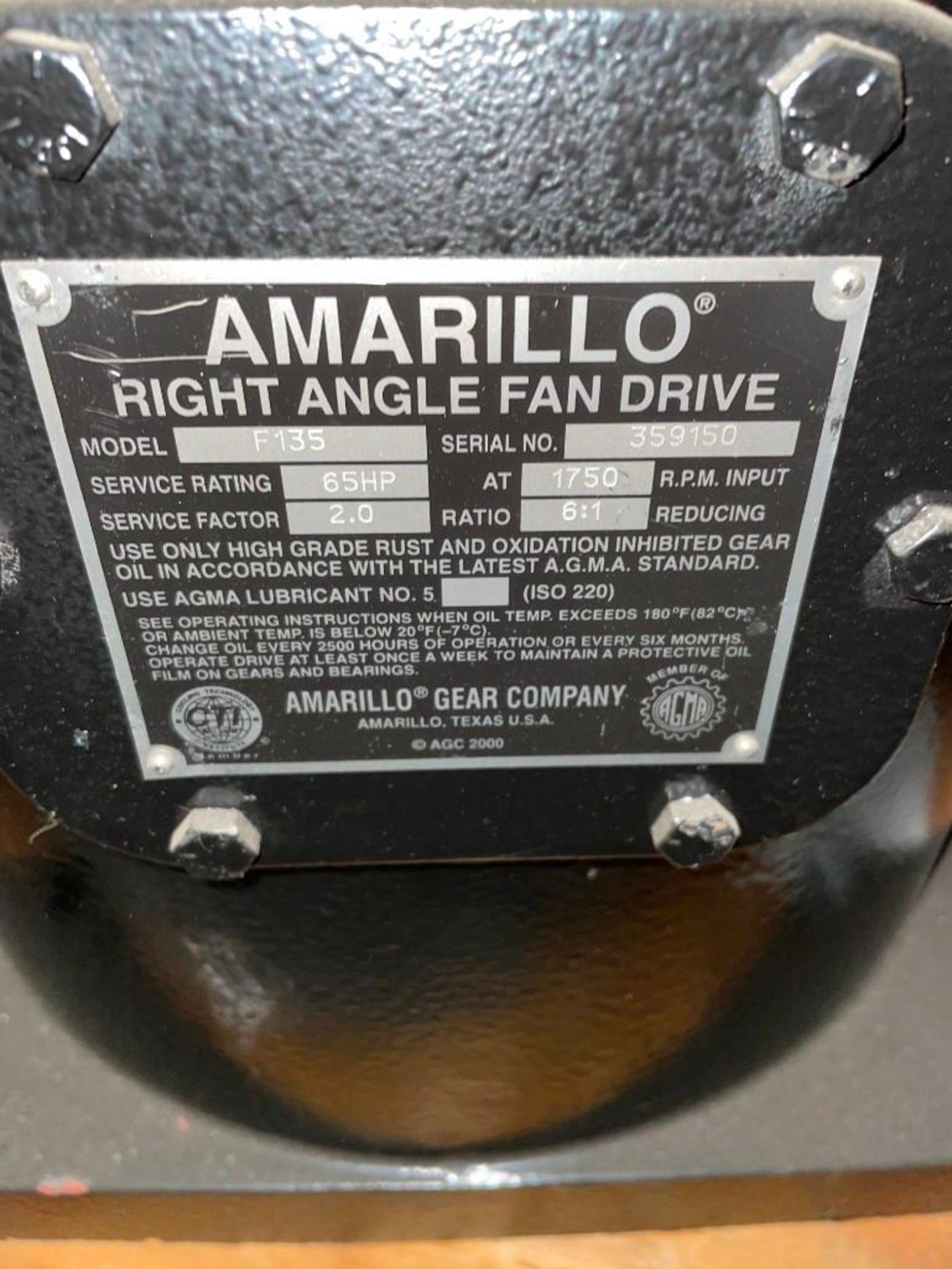 Amarillo Gear Co. F135 Right Angle Fan Drive Gear with 65 Horsepower Motor - Image 6 of 6