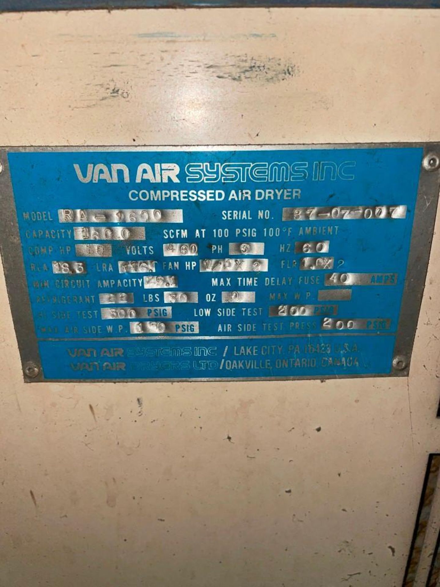 Van Air Systems Inc RA-1600 Compressed Air Dryer - Image 8 of 8