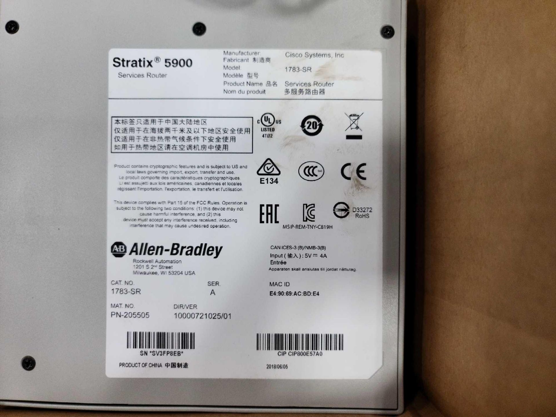 Allen-Bradley 1783-SR Stratix 5900 Services Router 4FE 1GE - Image 3 of 3