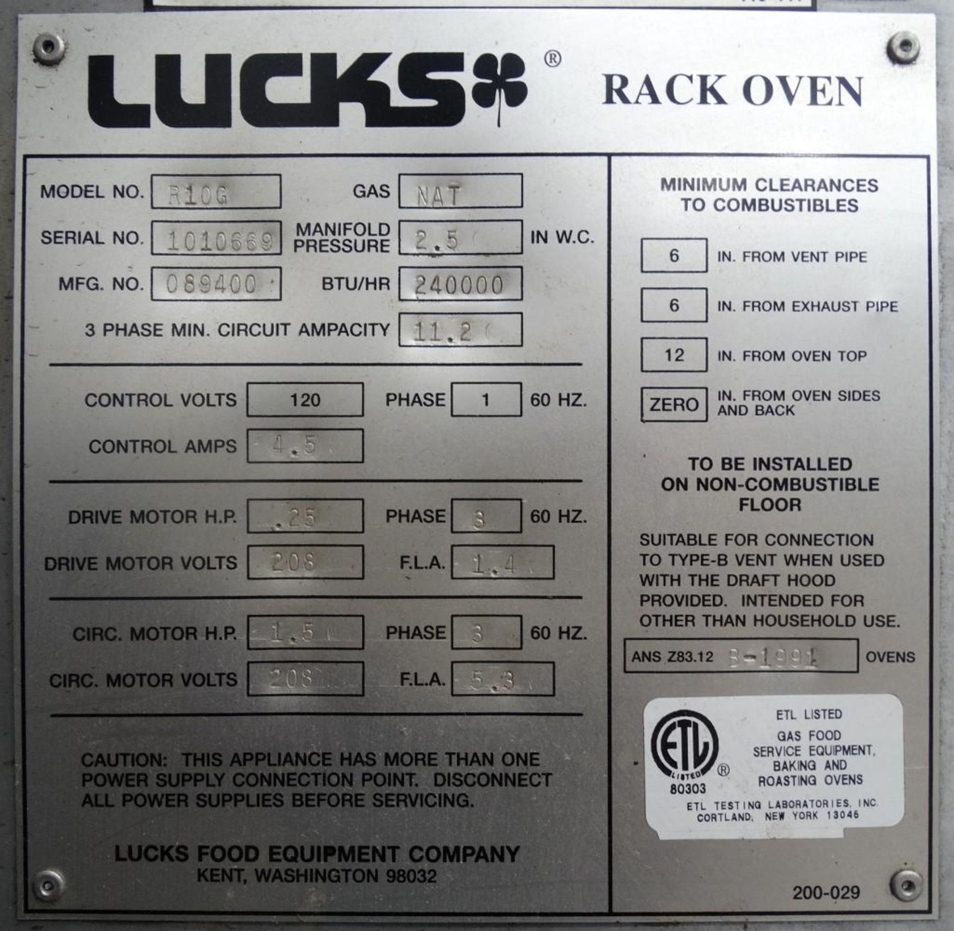 Lucks R10G Natural Gas Single Rack Oven - Image 10 of 10