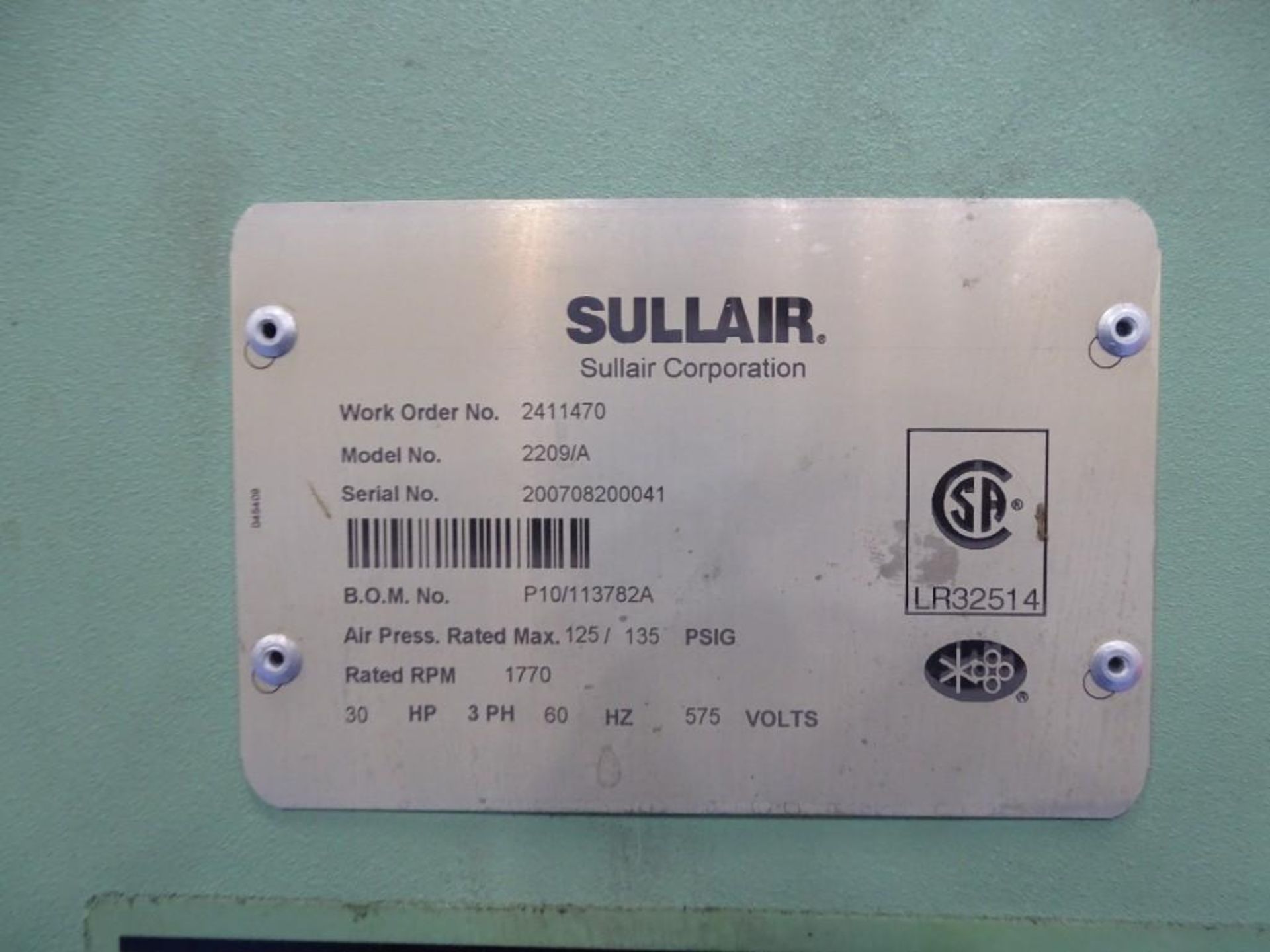 Sullair 30 Horsepower Compressor & Devair Air Tank - Image 6 of 8