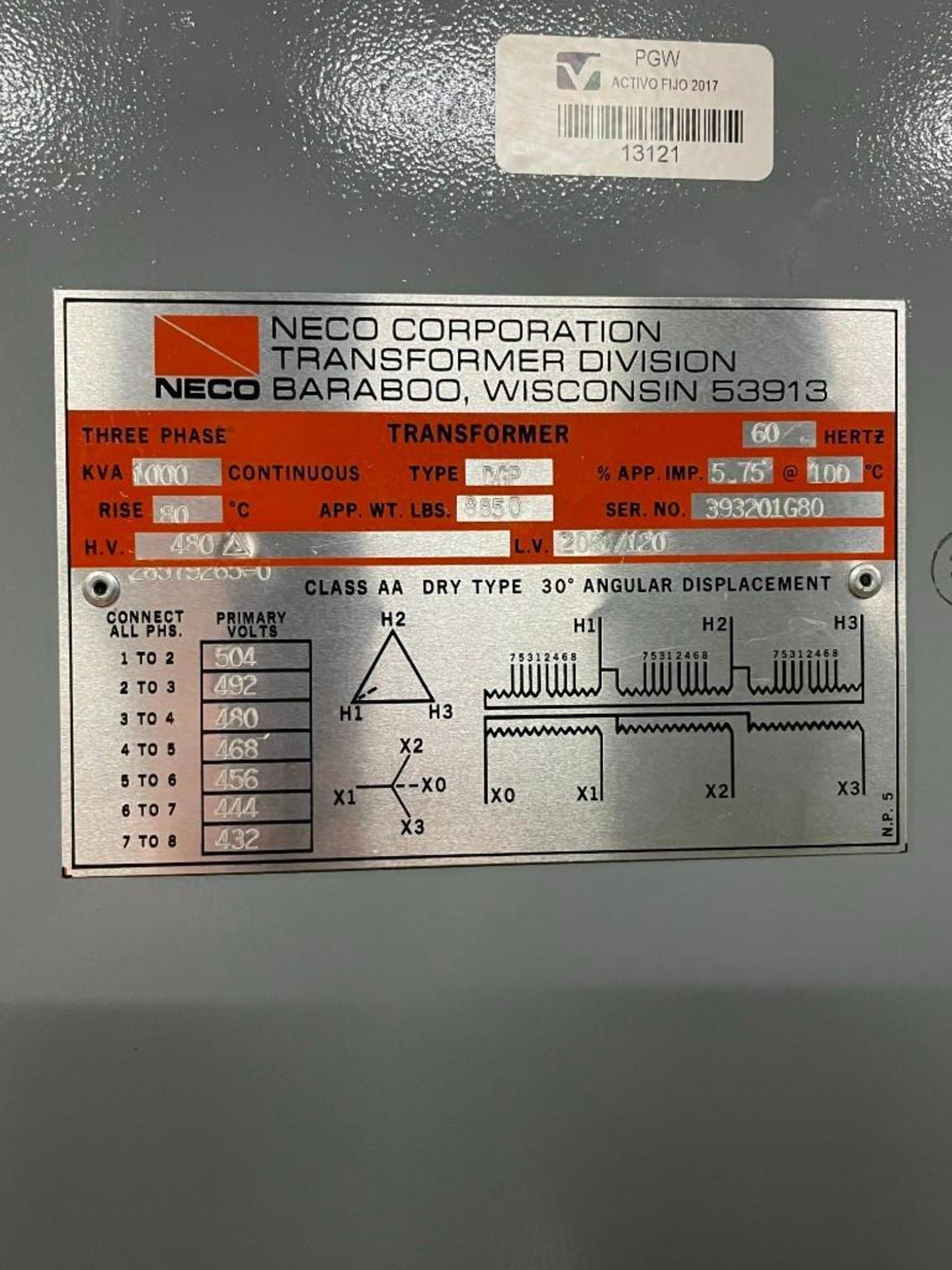 Neco Corporation Transformer Div. 1000 KVA Rated - Image 6 of 6