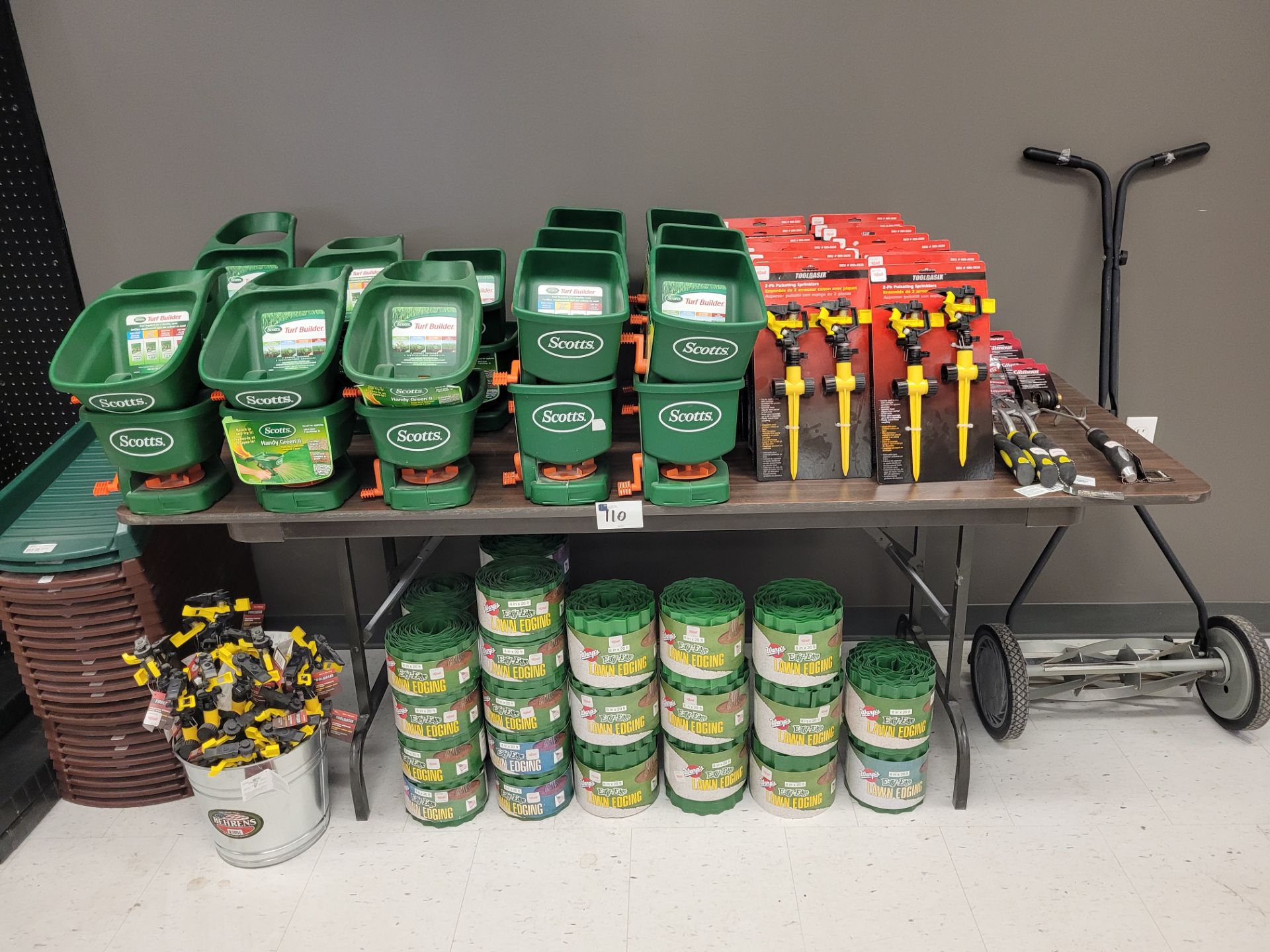 Assorted Seed Spreaders, Lawn Edging, Pulsating Sprinklers, Push Lawn Mower etc.