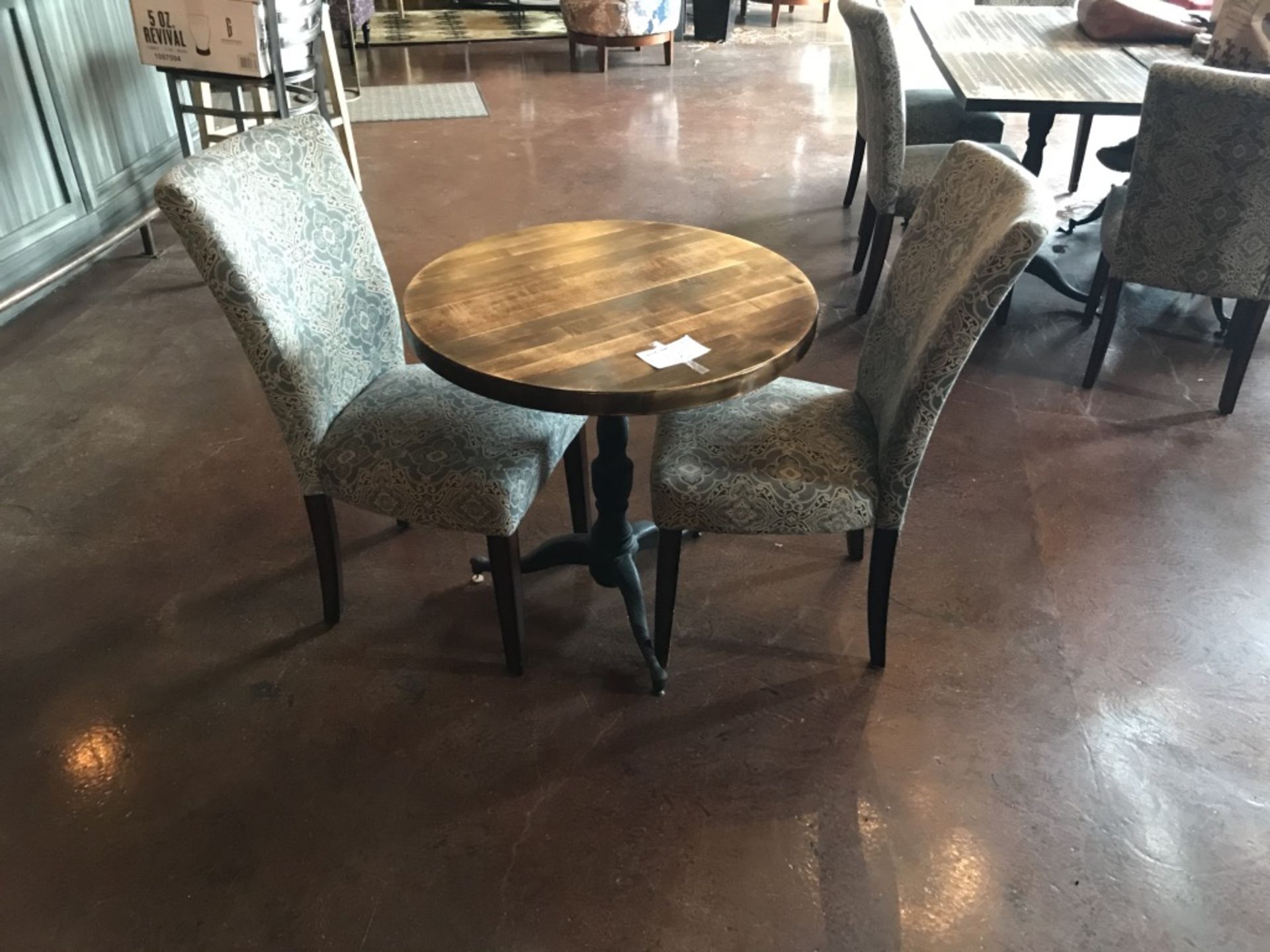 LOT OF: 36" ROUND WOODEN PEDESTAL TABLE W/ (2) CLOTH CHAIRS